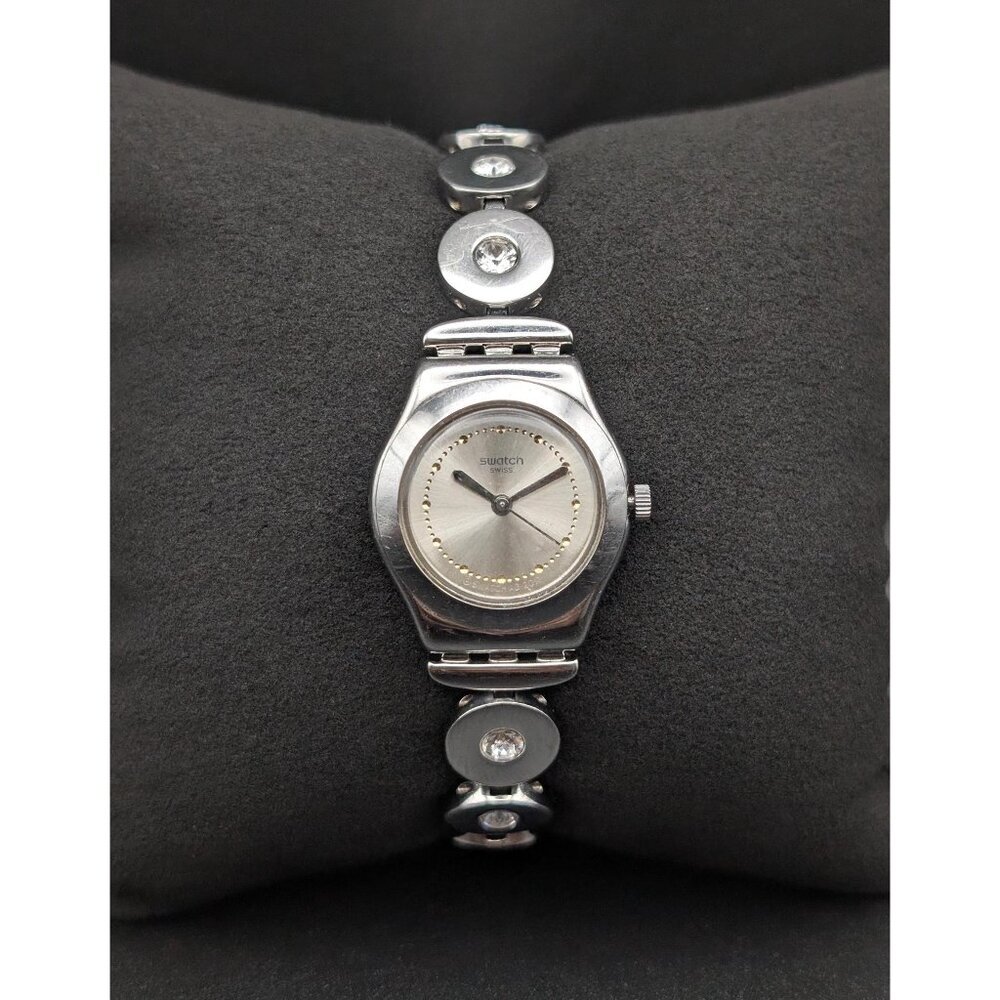 Vintage Swatch Silver Quartz Ladies Watch, Crystal-Link Bracelet, 90s Minimalist